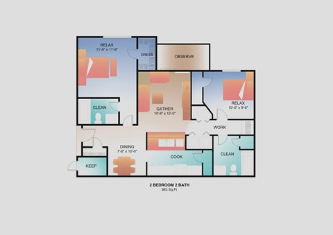 Floor plan for 2 beds, 2 baths, 983 sqft